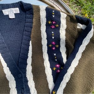 Vintage Michelle Stuart Cardigan Sweater Striped & Floral Detail V-Neck Size M